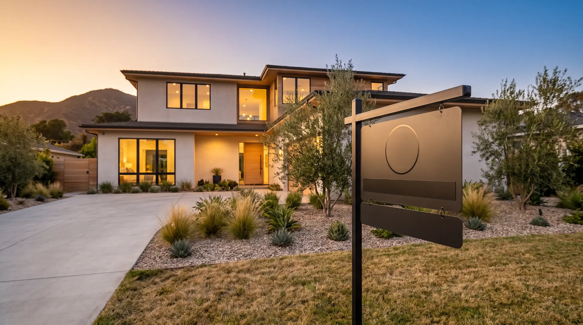 Modern two-story Southern California home at dusk with a for-sale sign in the front yard